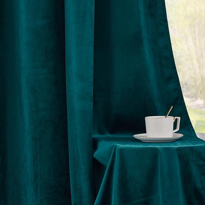RYB HOME Velvet Curtains 72 inches Length, Back Tab & Rod Pocket Soft Fabric Curtains & Drapes for Bedroom Bathroom Cafe, Peacock Blue, W 42 x L 72, 2 Panels Set