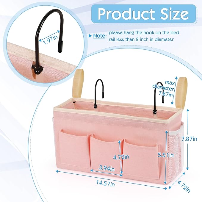 Ozzptuu Bedside Storage Caddy/Bedside Hanging Storage Bag for Headboards Bunk Beds Dorm Rooms Book Phone Magazine Holder (New Pink)