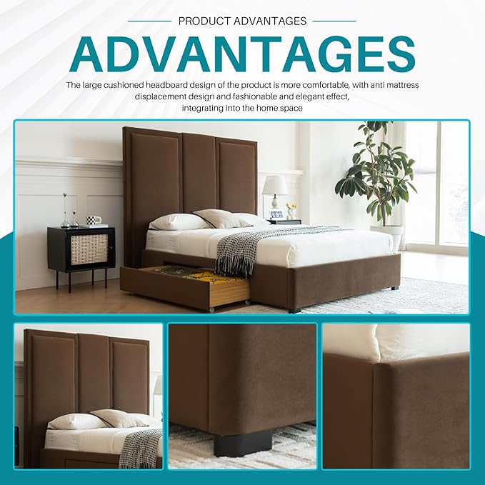 YUHUASHI Queen Size Bed Frame with 64-inch High Headboard, Simple and Airy Linen Upholstered Platform Bed with Storage Drawers, Wood Slat, No Noise (Brown, Queen)
