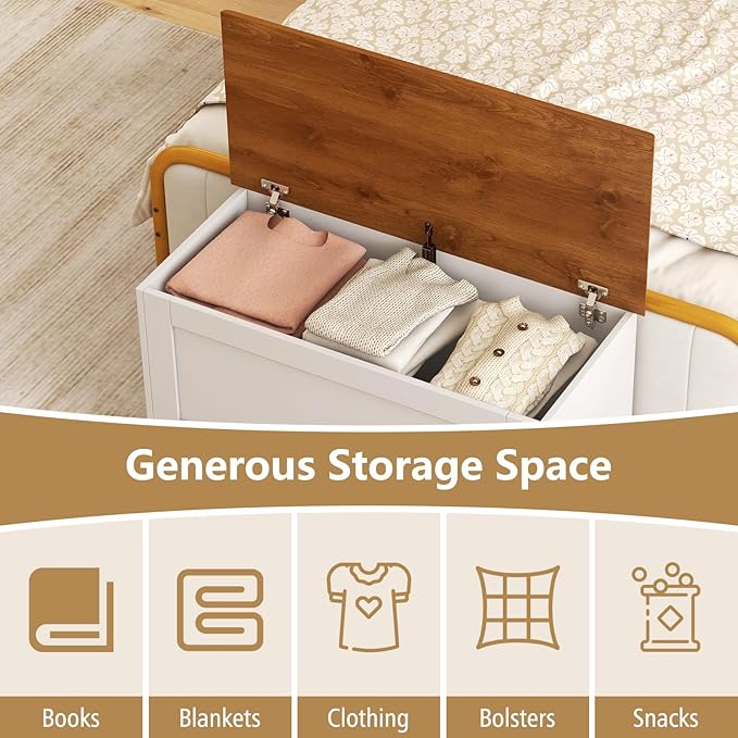 LOKO 35.5” Storage Chest, Lift Top Storage Box with Metal Hinges, Wooden Storage Bench with Safety Hydraulic Strut, Large Farmhouse Storage Trunk for Living Room, Bedroom, Entryway (White & Walnut)