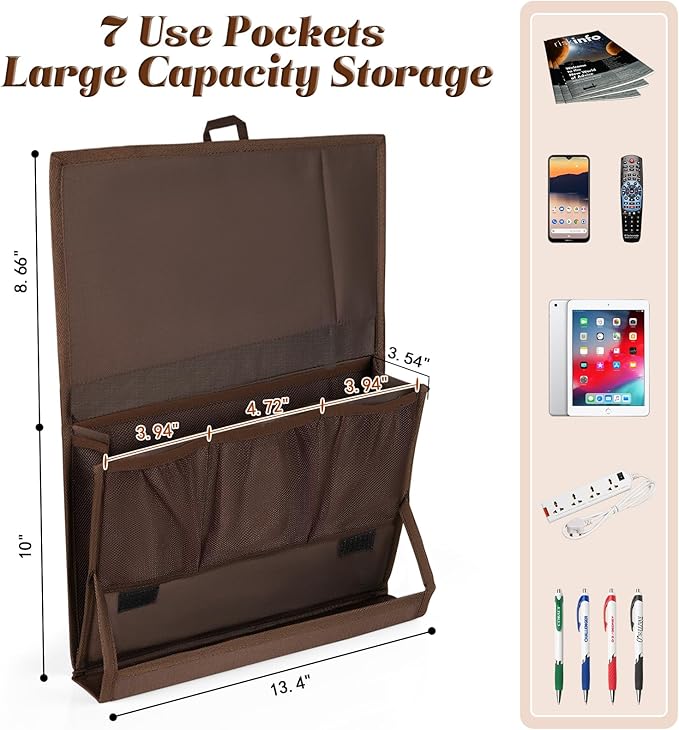 Bedside Storage Organizer with Power Strip Holder and Adjustable Straps Bed Hanging Bag for Home Bunk Bed Dorm Sofa (Brown)