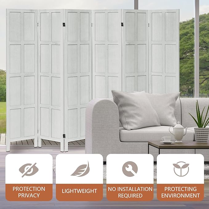 Wood Room Divider 6 Panel Folding Privacy Screen, Classic 5.6Ft Indoor Wooden Partition, Portable Partition Wall Divider for Room Separation, Home, Office, Bedroom, Restaurant (White)