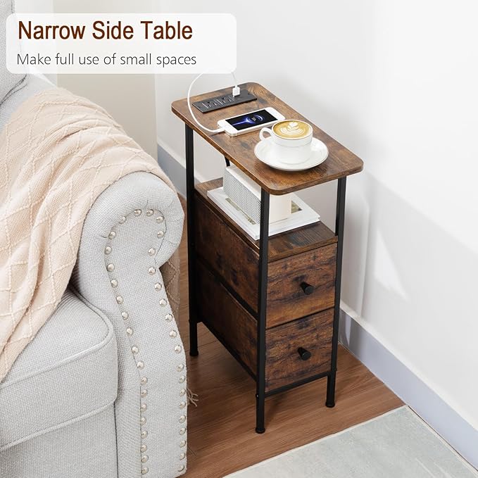 LOAKEKEL Narrow End Table Living Room with Charging Station, Skinny Side Table with Fabric Drawers, Slim Nightstand for Bedroom, Small Spaces, Couch, Rustic Brown, HETNDP02PBR-1