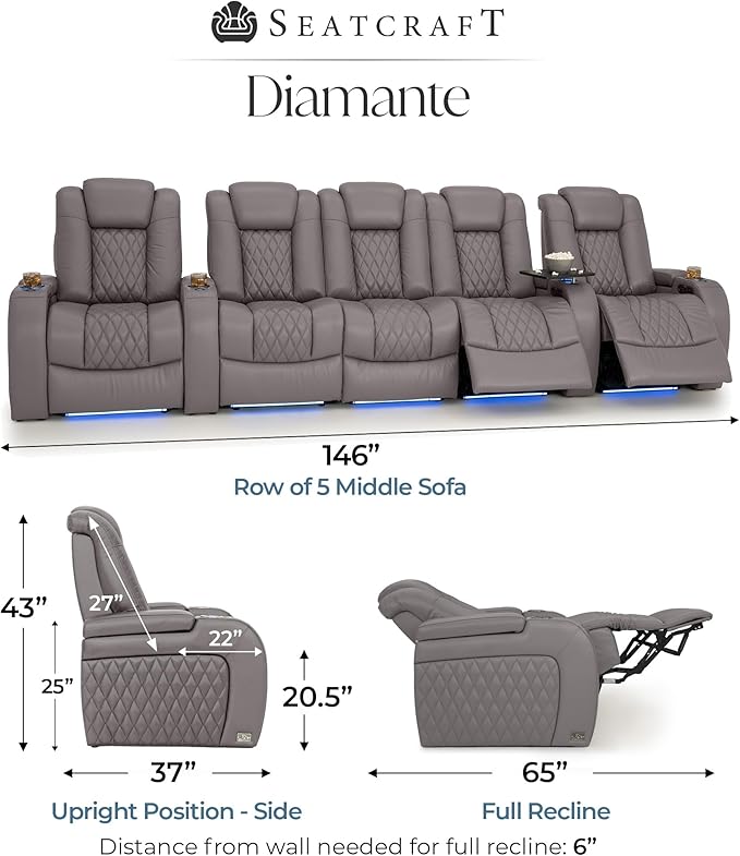 Seatcraft Diamante Zero-Gravity CoolZero Italian Leather Home Theater Seating, Power Headrest, Power Recline, Row of 5 Middle Sofa, Gray