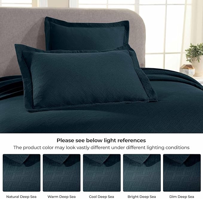 Superior 100% Cotton Basket Weave Bedspread with Shams, All-Season Premium Cotton Matelasse Jacquard Bedding, Quilted-Look Geometric Basket, King, Deep Sea