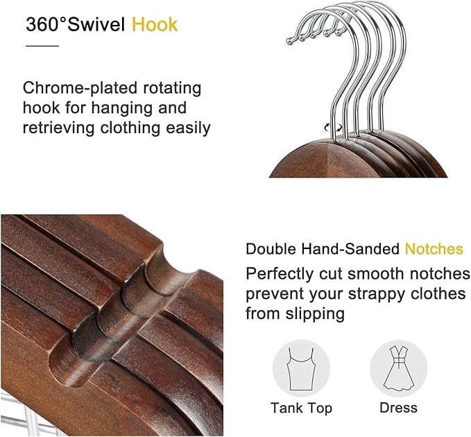 TOPIA HANGER Wooden Suit Hangers with Adjustable Metal Clips (10 Pack), Solid Wood Clothes Hangers, 360° Swivel Hook, Premium Retro Finish Pants Hangers for Clothes Coat, Jeans, Blouse-CT28A