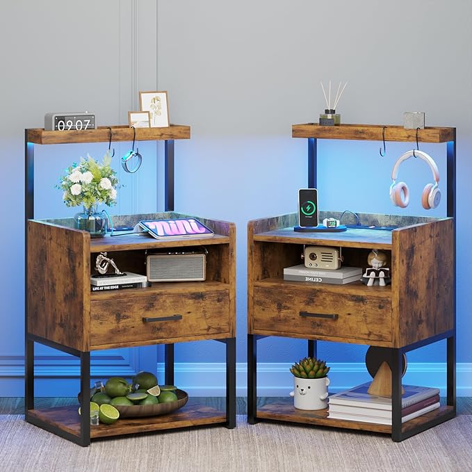 VIAGDO Rustic Brown Nightstands Set of 2 with Charging Station and LED Lights, LED Night Stand Set 2 with Drawer, Rustic End Side Table with Open Storage Shelves, Bedside Tables for Bedroom, Office