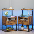 VIAGDO Rustic Brown Nightstands Set of 2 with Charging Station and LED Lights, LED Night Stand Set 2 with Drawer, Rustic End Side Table with Open Storage Shelves, Bedside Tables for Bedroom, Office