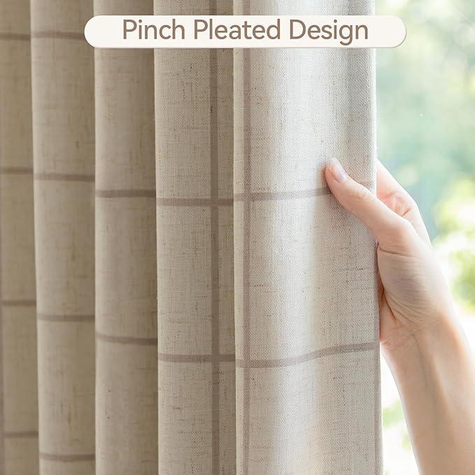 Linen Plaid Blackout Curtains for Living Room,Bedroom,Dining Room 95 Inches Long Gingham Double Layer 2 Panels Set Luxury and Modern Printed Design Darkening Pinch Pleated