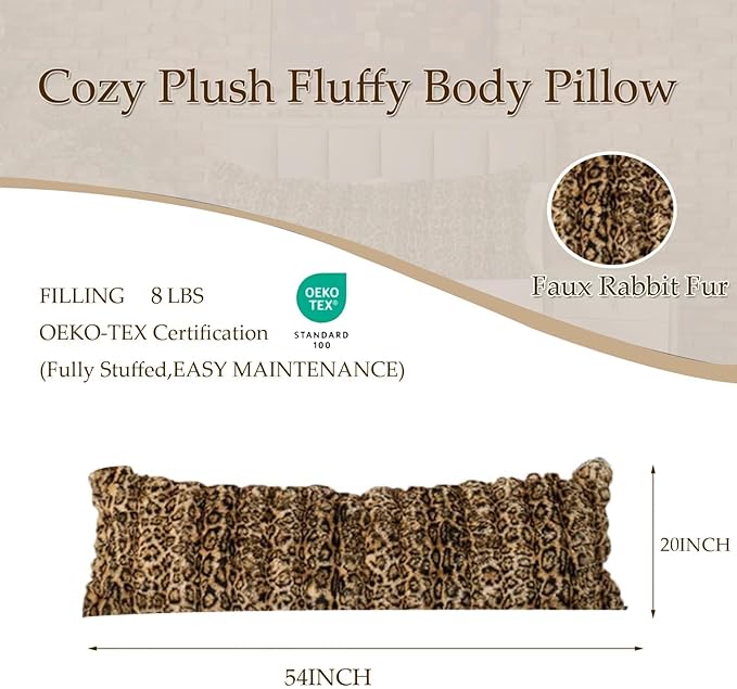 20x54 Fluffy Leopard Print Full Body Pillow,Cheetah Print Plush Fuzzy Faux Fur Body Pillows,Ultra Soft Bed and Sofa Pillow for Side Sleeper & Pregnancy,Big Hug Double Pillow,Furry Long Pillows-Brown