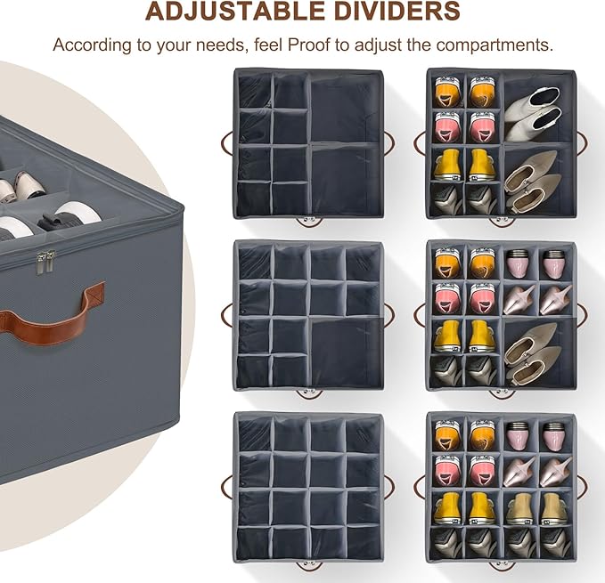 Shoe Organizer for Closet, Foldable Shoe Storage Box with Clear Top Lid, 3 Leather Handles, Adjustable Dividers, Fits 8-16 Pairs, Stackable Shoe Bin for Bedroom (Gray, 1 PCS/16.9*11.8*1.57 inch)