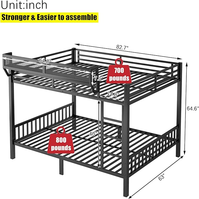Upgraded & Stronger Heavy Duty Metal Queen Over Queen Bunk Bed for Adults & Teens, Thickened More Stable Safer Bunkbeds (Greater Weight Capacity) (Queen Over Queen-B)