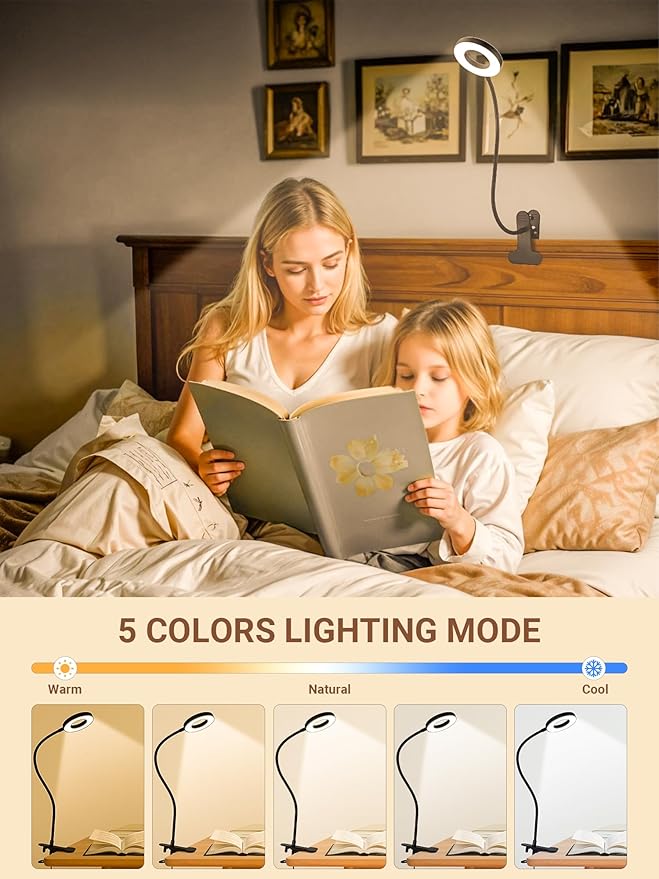 Clip on Lamp,5 Colors+10 Brightness LED Desk Lamp with Clamp,550lm Bright Clip on Light for Bed Headboard/Bedside Table,360°Adjustable Reading Light for Bed,Desk Lights for Home Office Study [Adapter]