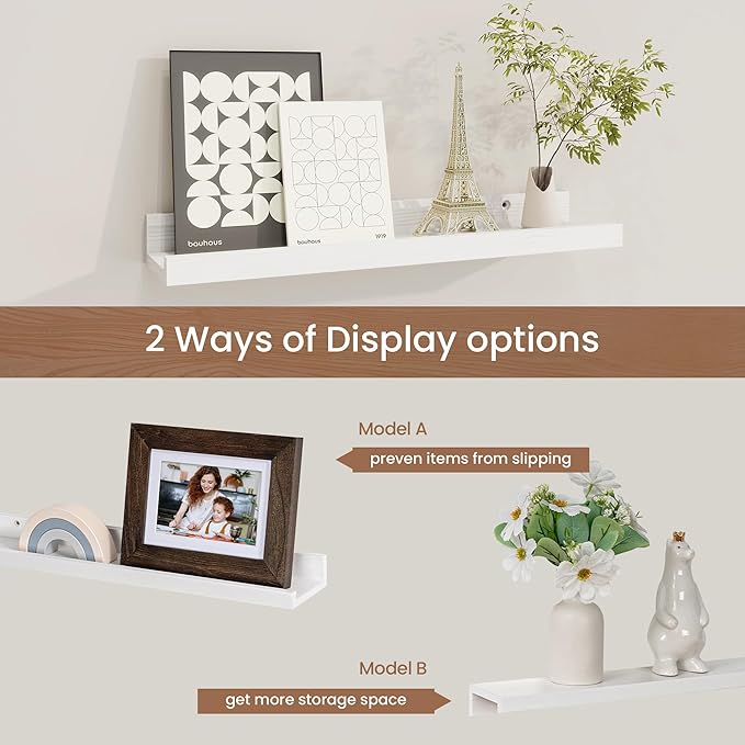 Fun Memories Picture Ledge Shelf, Solid Pine Wood Floating Shelves Set of 4, 16 Inches Nursery Book Shelves for Toys Storage, Kids Bookshelf Wall Mounted for Living Room Decor Photo Frames, White