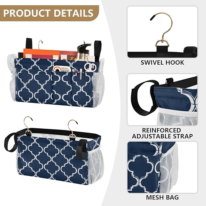 Bedside Caddy Hanging Bunk Bed Caddy Bed Organizer Hanging Pocket with 2 Hooks Bedside Storage Organizer Pocket Bag Holder Navy Blue Geometric Quatrefoil