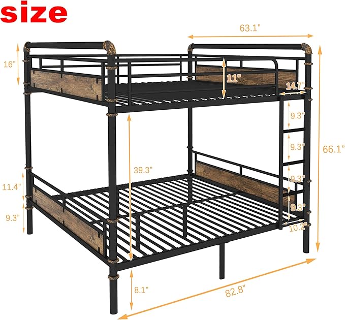Upgraded Version Thickened Metal Heavy-Duty Queen Over Queen Bunk Bed, Best Convertible Industrial Queen Size Bunk Bed Frame with Ladder for Adults, Easy Assembly (Queen+Water Pipe)