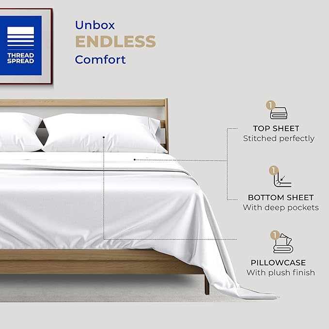 THREAD SPREAD 100% Cotton Sheets Twin Size - 400 Thread Count Cotton Bed Sheets Twin, 3 PC Set (White), Luxury Soft, Breathable, Cooling, Sateen Weave 16" Deep Pocket Bedsheet for Dorm Rooms