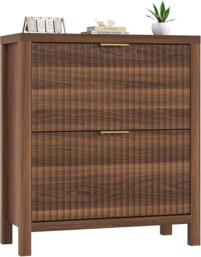 Shoe Cabinet Storage for Entryway, Fluted Shoe Cabinet with 2 Flip Drawers, Hidden Shoe Rack Tall Freestanding Shoe Organizer with Legs for Hallway, Walnut