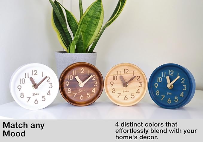 Driini Wooden Analog Desktop Clock – 4.3 in. Decorative Pinewood, No-Tick Design – Easy to Read Silent Sweep Mantle Clock – Quiet Tabletop Clocks with Wood Body, Hands, & Battery Cover; Dark