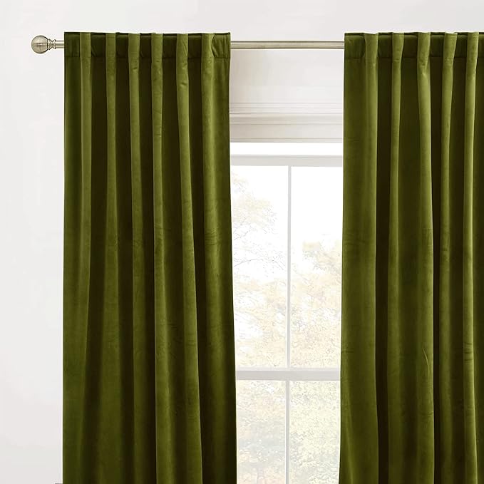 RYB HOME Moss Green Velvet Curtains 84 inches - Back Tab Blackout Curtains for Nursery, Bedroom Room Divider Panels Thermal Insluted Drapes for Living Room, Wide 62 x Long 84, 2 Panels