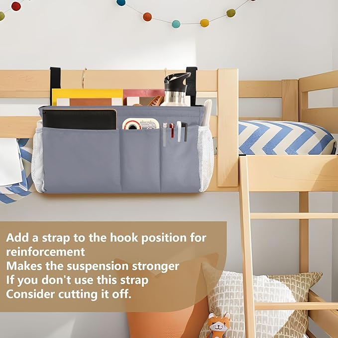 KOPIRIT Grey Bedside Caddy Storage Bag Bedside Organizer for Dorm Room Top Bunk Bed Organizer Caddy Hanging Shelf 6 Pockets with Hooks for Book Glasses Phone Holder