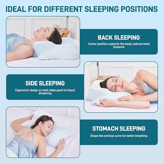 Cervical Neck Pillow for Sleeping, Butterfly Memory Foam Pillow for Neck Pain Relief, Cooling BASF Foam for Side Back & Stomach Sleepers, CertiPUR-US & Oeko-TEX Certified, Standard Size