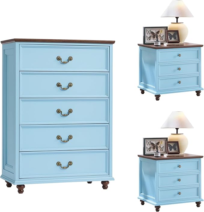 24" Wide Farmhouse Nightstand Set of 2, 45" Tall Rustic Chests of 5 Drawers w/ 4 Solid Wood Feet, Farmhouse Furniture Series for Living Room,Bedroom,LightBlue