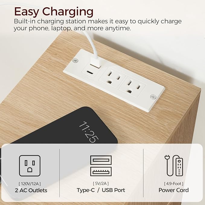 Narrow Nightstand, Slim End Table with Charging Station and LED Sensor Light, Modern Side Table, Bedside Table, for Small Spaces, Living Room, Bedroom, Natural ETNA25E01