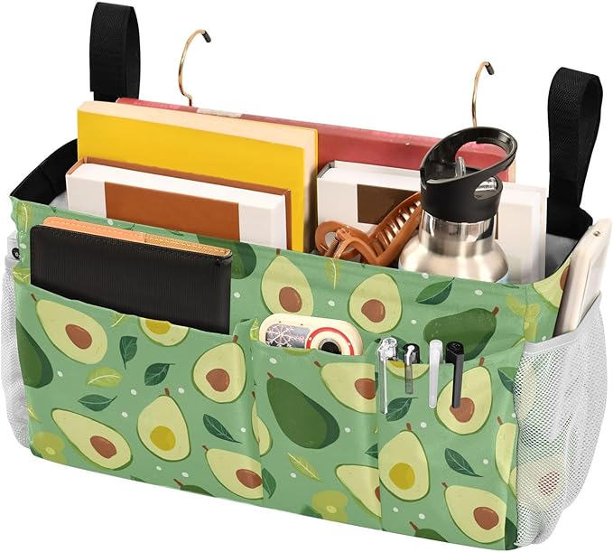 Bedside Caddy Hanging Bunk Bed Caddy Bed Organizer Hanging Pocket with 2 Hooks Bedside Storage Organizer Pocket Bag Holder Green Avocado and Leaf
