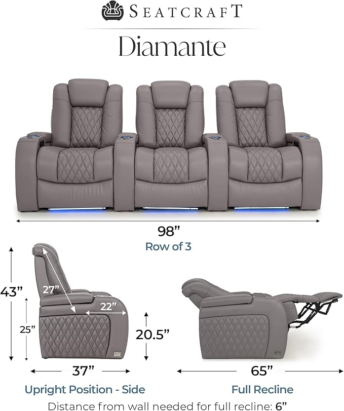 Seatcraft Diamante Zero-Gravity CoolZero Italian Leather Home Theater Seating, Power Headrest, Power Recline, Row of 3, Gray