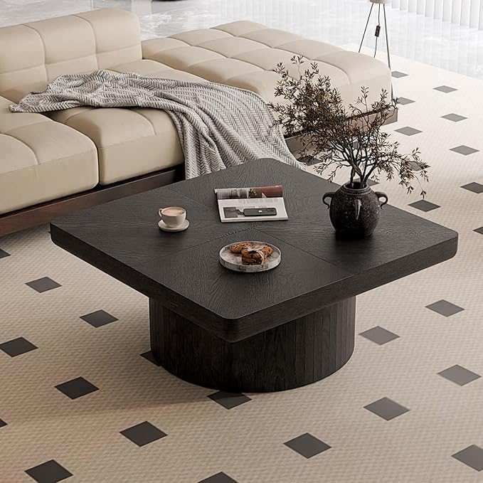 Modern Square Coffee Table with Cylindrical Base, Wood Coffee Table with Parquet Pattern & Thickened Tabletop, Center Table Tea Table for Living Room Apartment, 34.6''L×34.6''W×14.9''H, Black