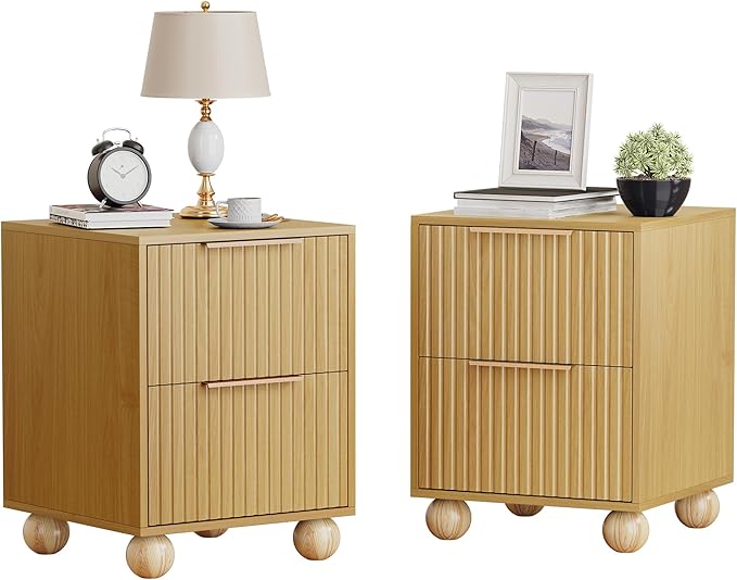 Fluted Nightstand Set of 2, Natural Oak Finish Bedside Table with Spacious Storage Drawers, Night Stand with Solid Wood Round Legs for Bedroom, End Table, Side Table