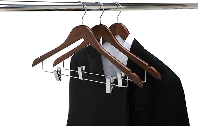 Quality Wooden Skirt Hangers with Clips 80-Pack Walnut Pants Hangers with Adjustable Chrome Metal Clips, Swivel Hook, Coat, Jacket, Blouse Suit Hangers (Walnut - Chrome Hook, 80)