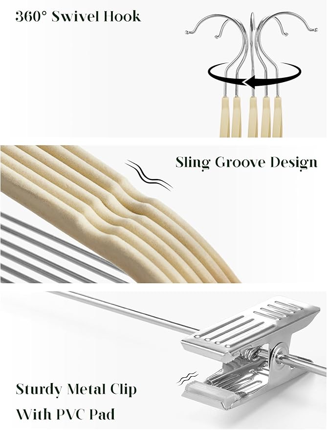 Cozymood Velvet Skirt Hangers 36 Packs Ultra Thin Hangers with Clips Non Slip Velvet Pant Hanger Space Saving Clothes Hanger with Clips for Pants, Skirts, Jeans, Shorts (Beige)