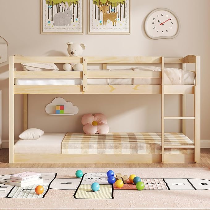 KOMFOTT Low Bunk Bed Twin Over Twin, Solid Wood Twin Bed Frame with Built-in Ladder & Safety Guardrails, Space-Saving Low Bunk Bed for Kids, Teens, No Box Spring Needed