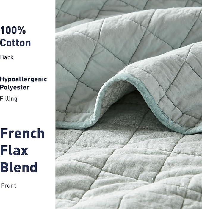 Hyde Lane Luxury Linen Quilt Set King Size, European Flax Cotton Blend Bedding for Bedspread and Coverlet, Box Stitched, with 2 Pillow Shams, 106"x96", Sage