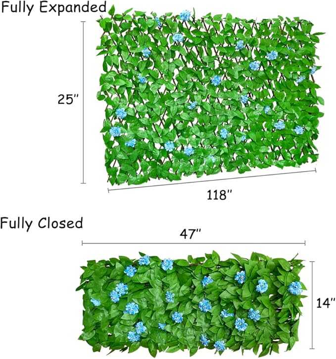 GLANT Expandable Fence Privacy Screen for Balcony Patio Outdoor,Decorative Faux Ivy Fencing Panel,Artificial Hedges (Single Sided Leaves) (1, Blue Flowers)