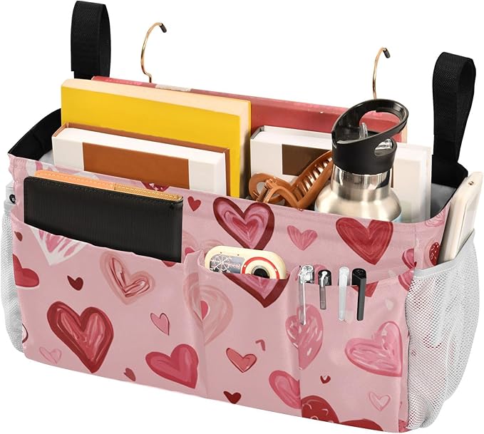 Bedside Caddy Hanging Bunk Bed Caddy Bed Organizer Hanging Pocket with 2 Hooks Bedside Storage Organizer Pocket Bag Holder Pink Cute Hearts
