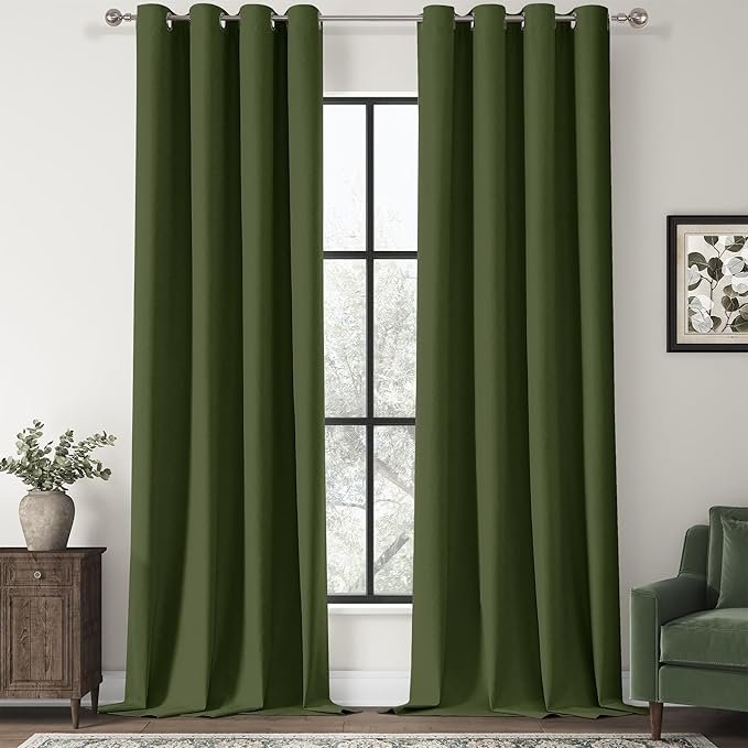 ChrisDowa 100% Blackout Olive Green Solid Curtains 108 Inches Long 2 Panels for Bedroom Living Room,Farmhouse Room Darkening Thermal Insulated Soundproof Grommet Top Window Treatment Drapes,52x108