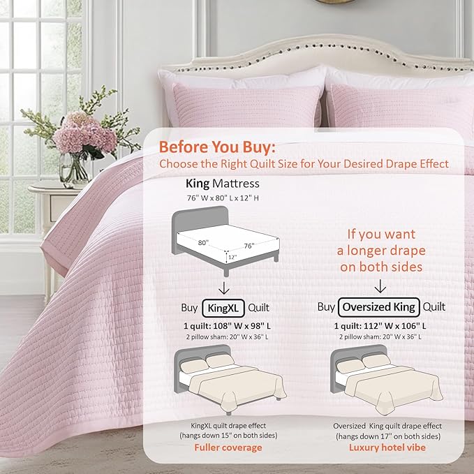 KASENTEX King XL Quilt Set 108"x98" – Soft Washed 3-Layer Lightweight Bedspread, Minimalist Nordic Design, All-Season Spring & Summer Quilt Set (1 Quilt + 2 Pillow Shams), Pink