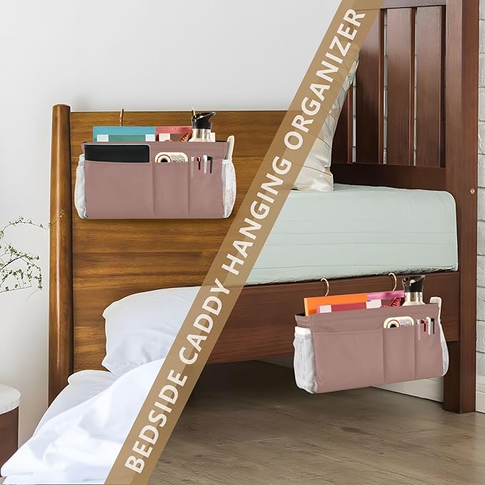 KOPIRIT Light Brown Bedside Caddy Storage Bag Bedside Organizer for Dorm Room Top Bunk Bed Hanging Storage Organizer 6 Pockets with Hooks for Magazine Water Bottle Holder