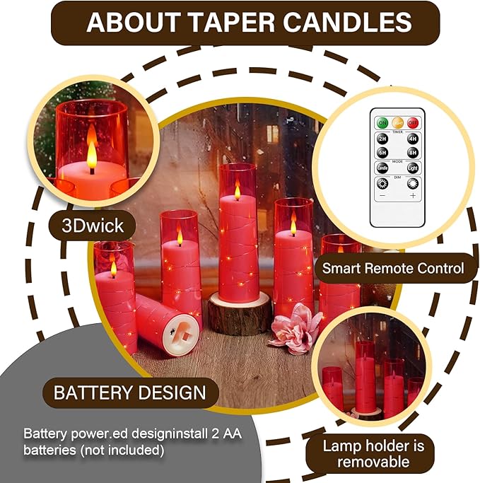 Flameless LED Candles with Timer 5 Pc Flickering Flameless Candles for Romantic Ambiance and Home Decoration Stable Acrylic Shell,with Embedded Star String，Battery Operated Candles(Pink)