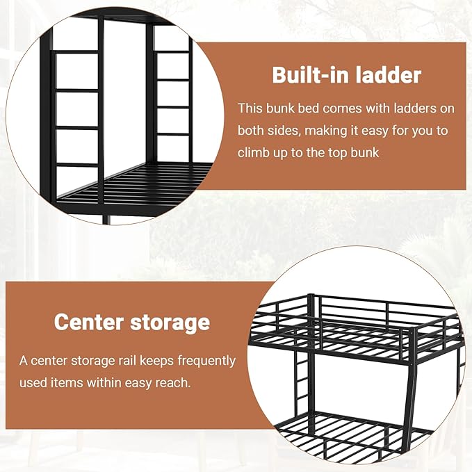 Full XL Over Queen Bunk Bed Frame, Heavy Duty Metal Loft Bed for Adults/Teens, 400/600LB Capacity w/Ladder & Guardrail, Noise-Free Steel Slats, No Box Spring Required, Black