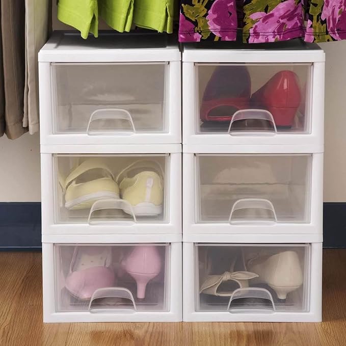 Sterilite 18-Pack 6 Quart Stacking Drawer, Clear Storage Closet Organizer, White Frame - Stackable Modular Plastic Drawers for Clothes, Accessories, Craft Supplies, Shoes or Linens