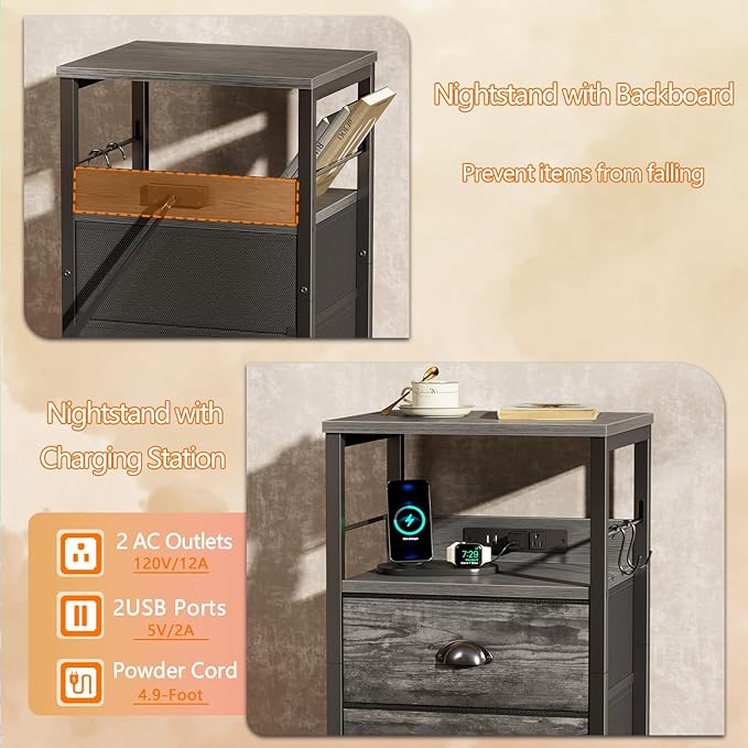 Furologee Nightstand with Charging Station, Night Stand with 2 Fabric Drawers, Side Table with USB Ports, End Table with Storage Shelf, for Living Room/Bedroom, Grey