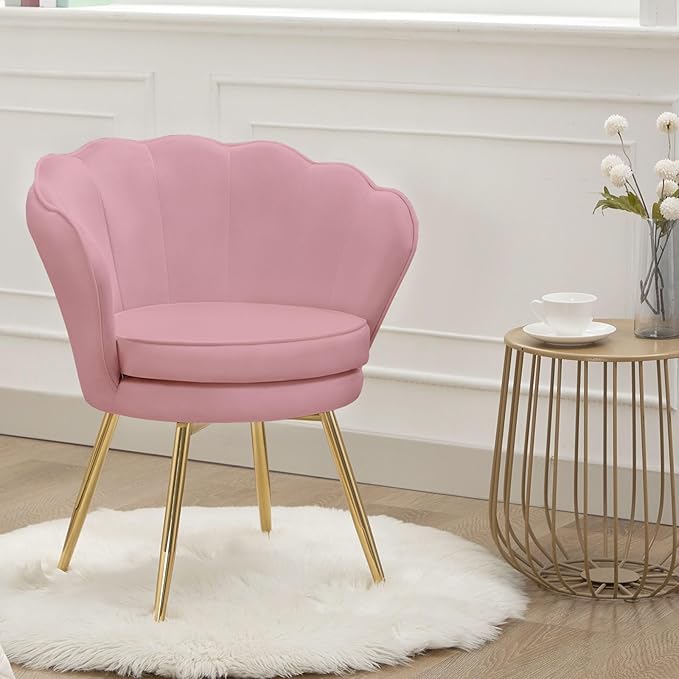 Velvet Vanity Chair with Back, Mid-Century Modern Small Accent Chair for Living Room, Golden Metal Legs Upholstered Makeup Chair, 1Pcs Bedroom Armchair, Pink