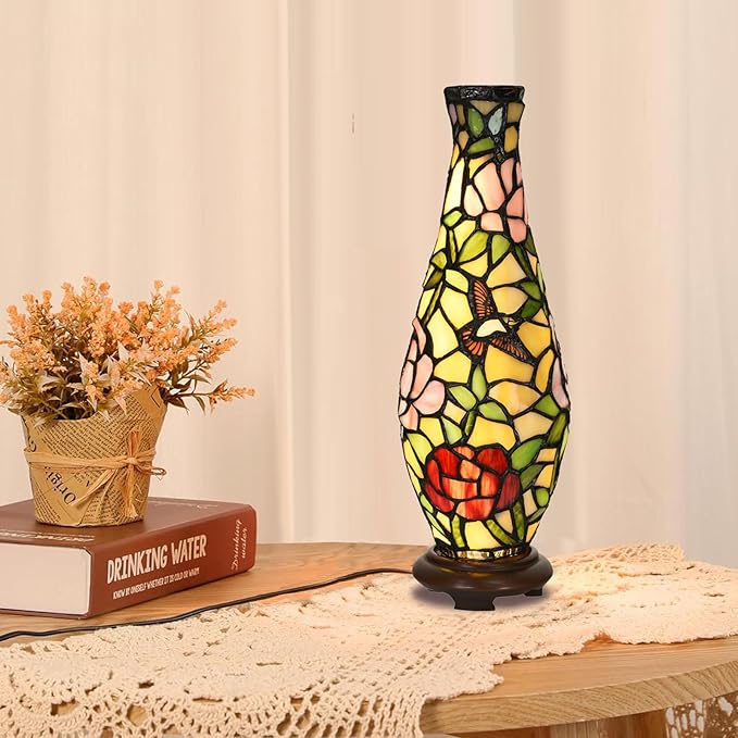 A0010 Tiffany Style Vase Table Lamp LED with 3 Lighting Modes and 10 Brightness Dimming, Handmade Stained Glass Accent Lamp for Bedside Livingroom Bedroom Home Decoration