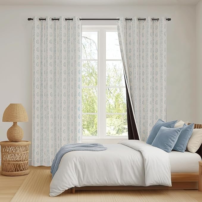 100% Boho Blackout Curtains 96 Inches Long for Bedroom, Blue on Beige Patterned Bohemian Curtains for Living Room, Geometric Striped Thermal Insulated Window Drapes Gromment Top 2 Panels