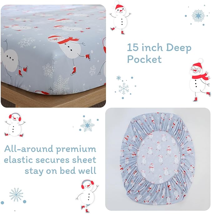 JSD Snowman Kids Sheet Set Full Size, 4 Piece Blue Snowflakes Christmas Printed Microfiber Sheets Deep Pocket