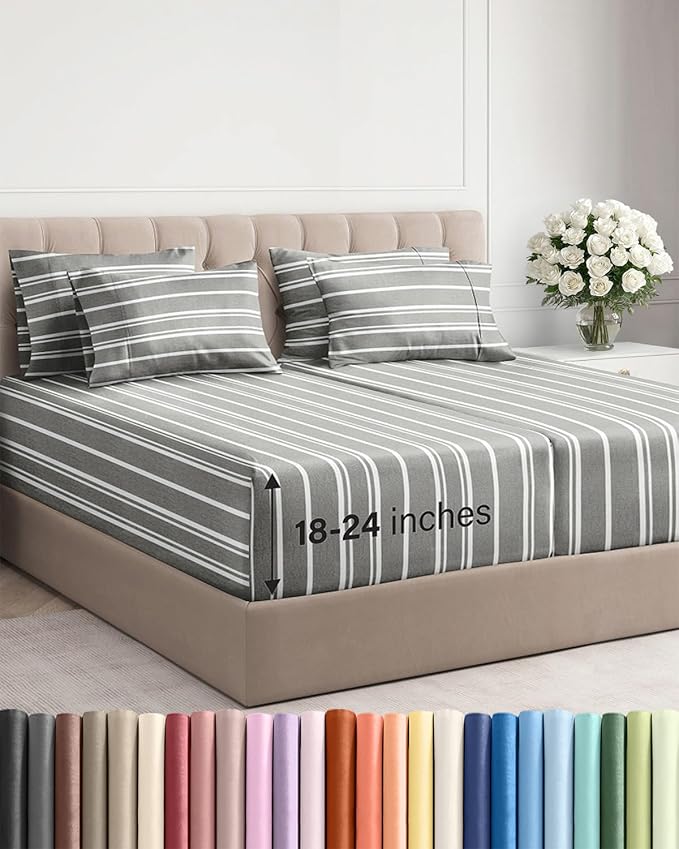 Extra Deep Split King Sheet Set - 7 Piece Breathable & Cooling Sheets - Hotel Luxury Bed Sheets Set - Easy Fit - Soft, Wrinkle Free & Comfy Sheets Set - Grey Striped Sheet Set w/Extra Deep Pockets